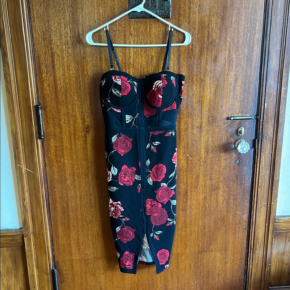 Elegant Black and Red Floral Dress